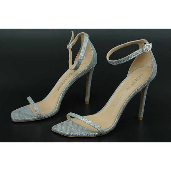 Stuart Weitzman Nudistcurve 100 Silver Glitter Ankle Strappy Sandals SZ 10 $495 - Picture 4 of 12